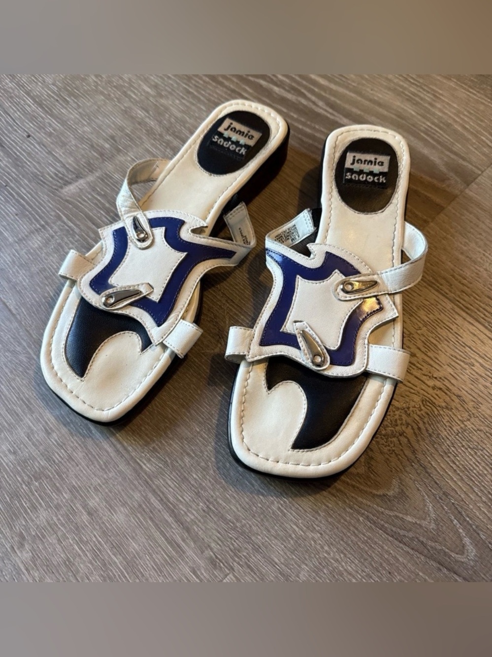 Jamie Sadock White Blue Leather Slides Sandals Women’s size 8.5 RARE